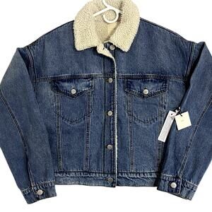 tgla Jean Denim Jacket Womens Large Blue Sherpa Lined Trucker Collar Casual